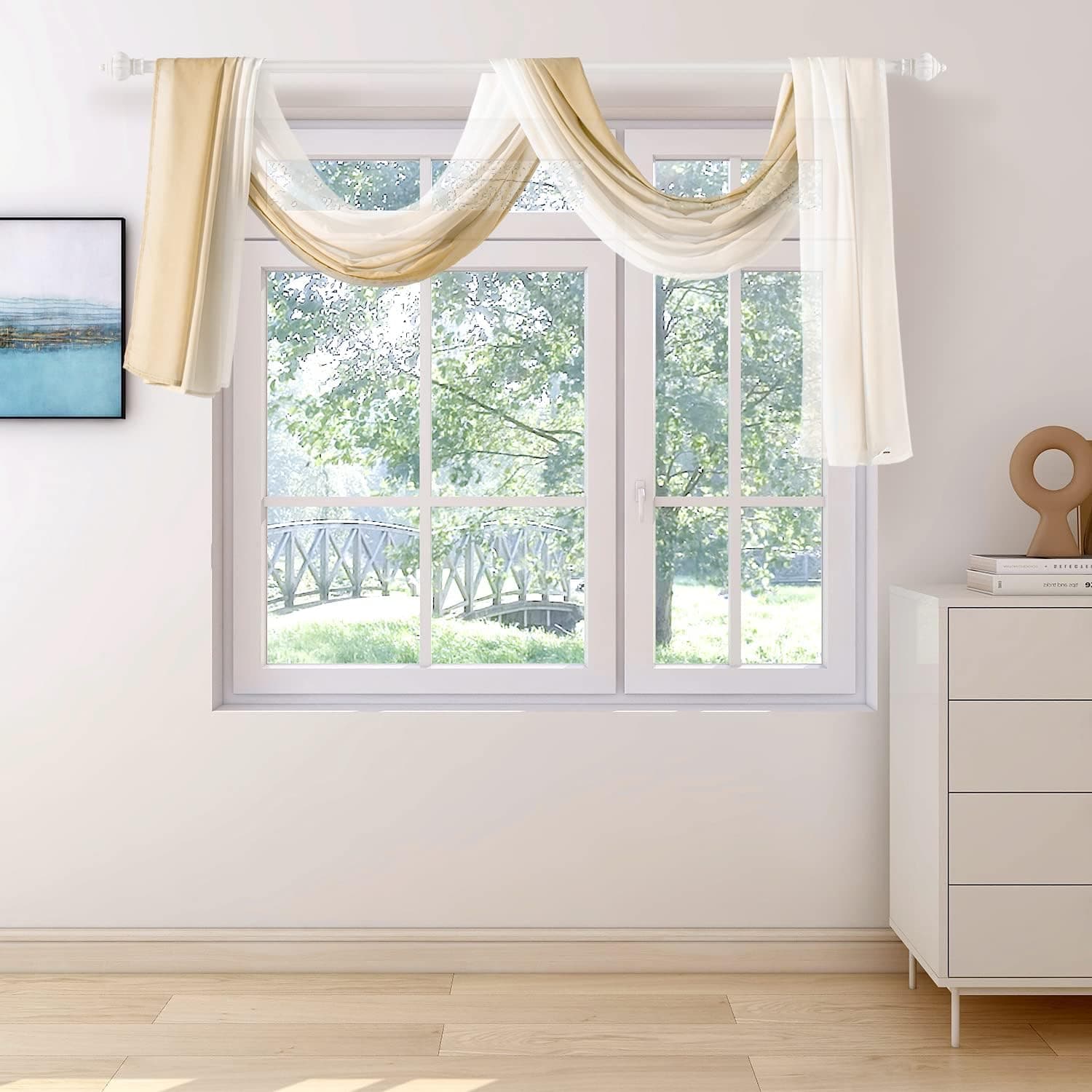 NAPEARL Ombre Window Scarf Valance, Romantic Gradient Voile Scarf Valance for Ceremony Backdrop, Wedding Arch, Kids Bedroom, Decorative Swag Curtain 144 Inches, Beige