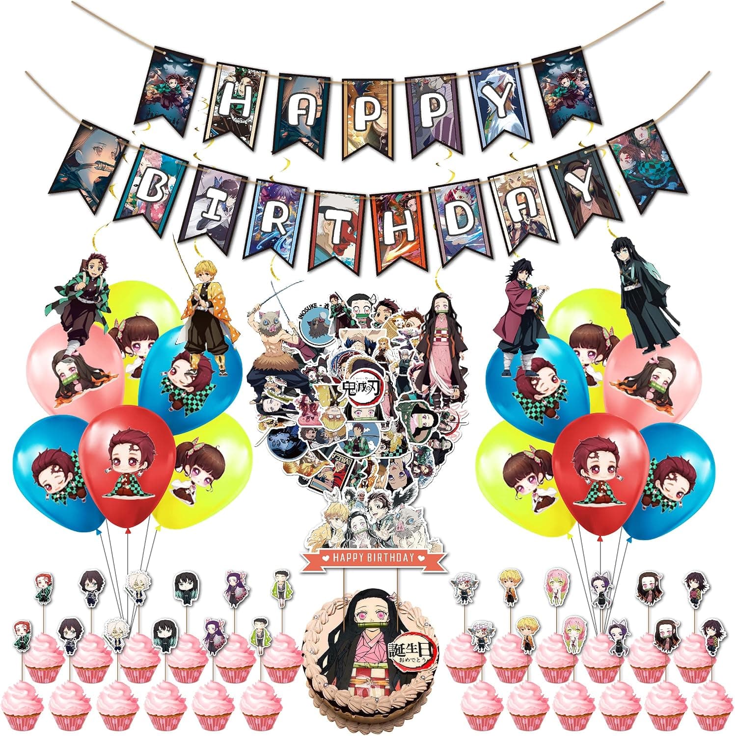 Demon Slayer Birthday Party Decoration98PCS Anime Theme Decorations for Boys Dorm banner, balloon, cake topper, spiral,Demon Slayer Party Supplies