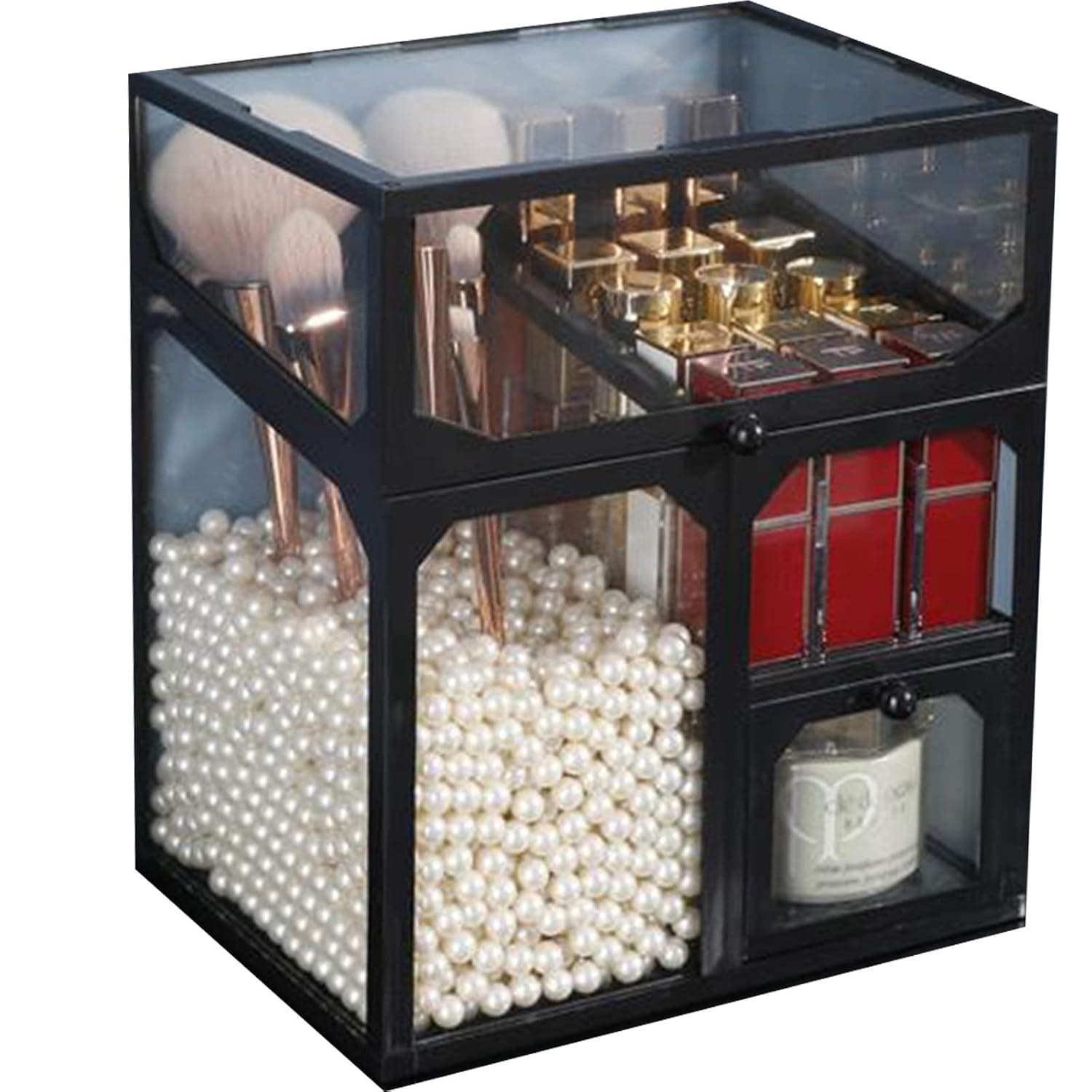 Acrylic makeup brush holder is equipped with drawers,lipstick storage racks and Pearls Beads, for storing various makeup brushes, eyebrow pencils, lipsticks, powder puffs, etc.