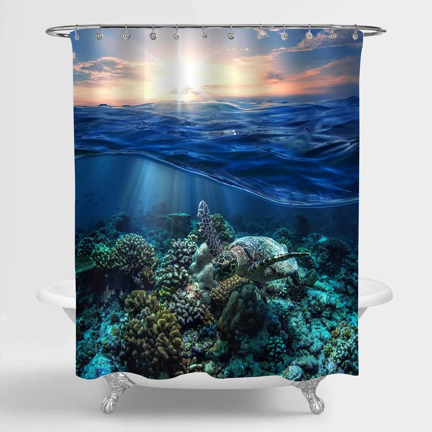 MitoVilla Half Water Seascape with Sunset Shower Curtain, Sea Turtle Floating Up and Over Coral Reef Ocean Underwater Sceinic Bathroom Decorations, Ocean Themed Gifts, Green, Blue, 72" W x 78" L