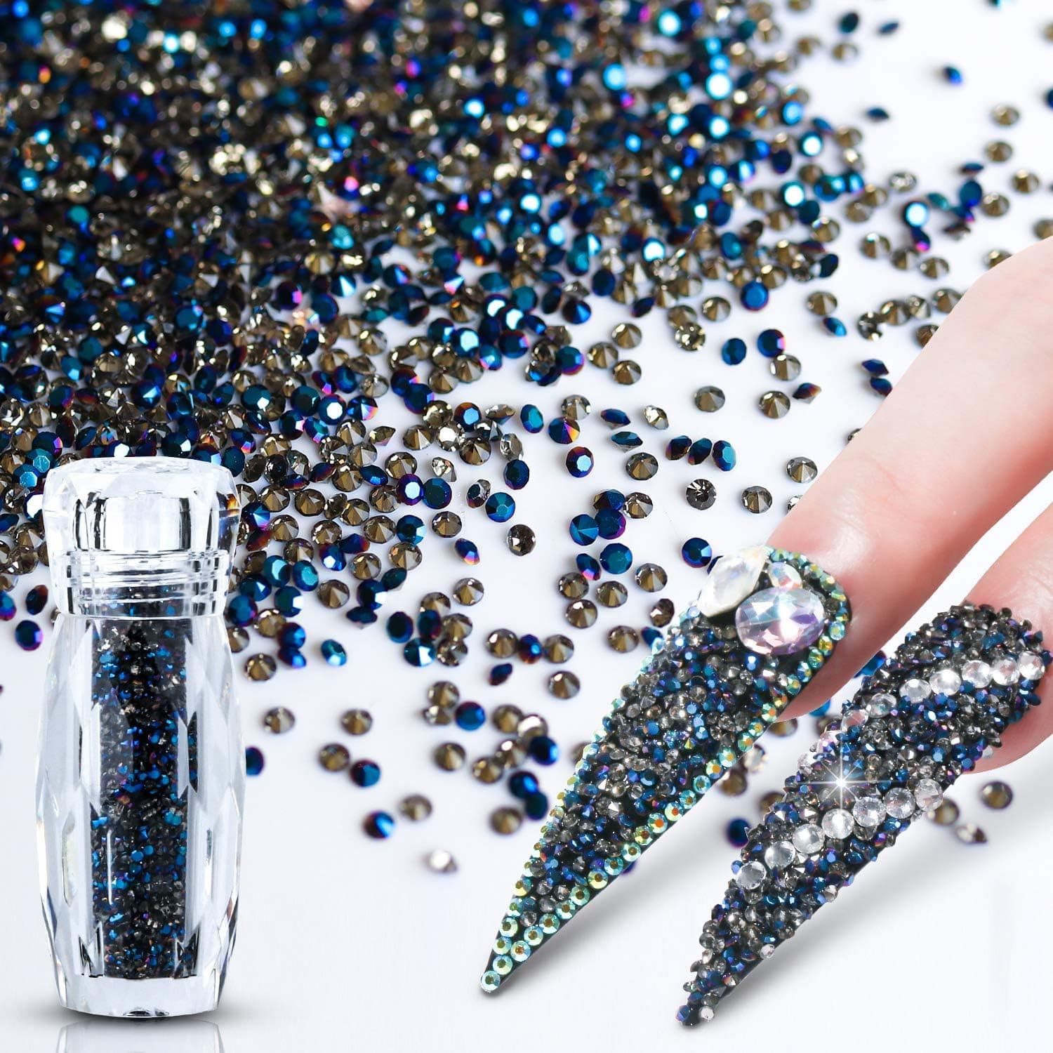 Ultra Tiny Mini 1.2mm Diamond DIY Glass Rhinestones Crystals Long Lasting Shine Like Swarovski for Nail Art Phone DIY Crafts& Nail Beauty Makeup Decoration(UV Glue Need) Rainbow Blue Iridescent AB /5g