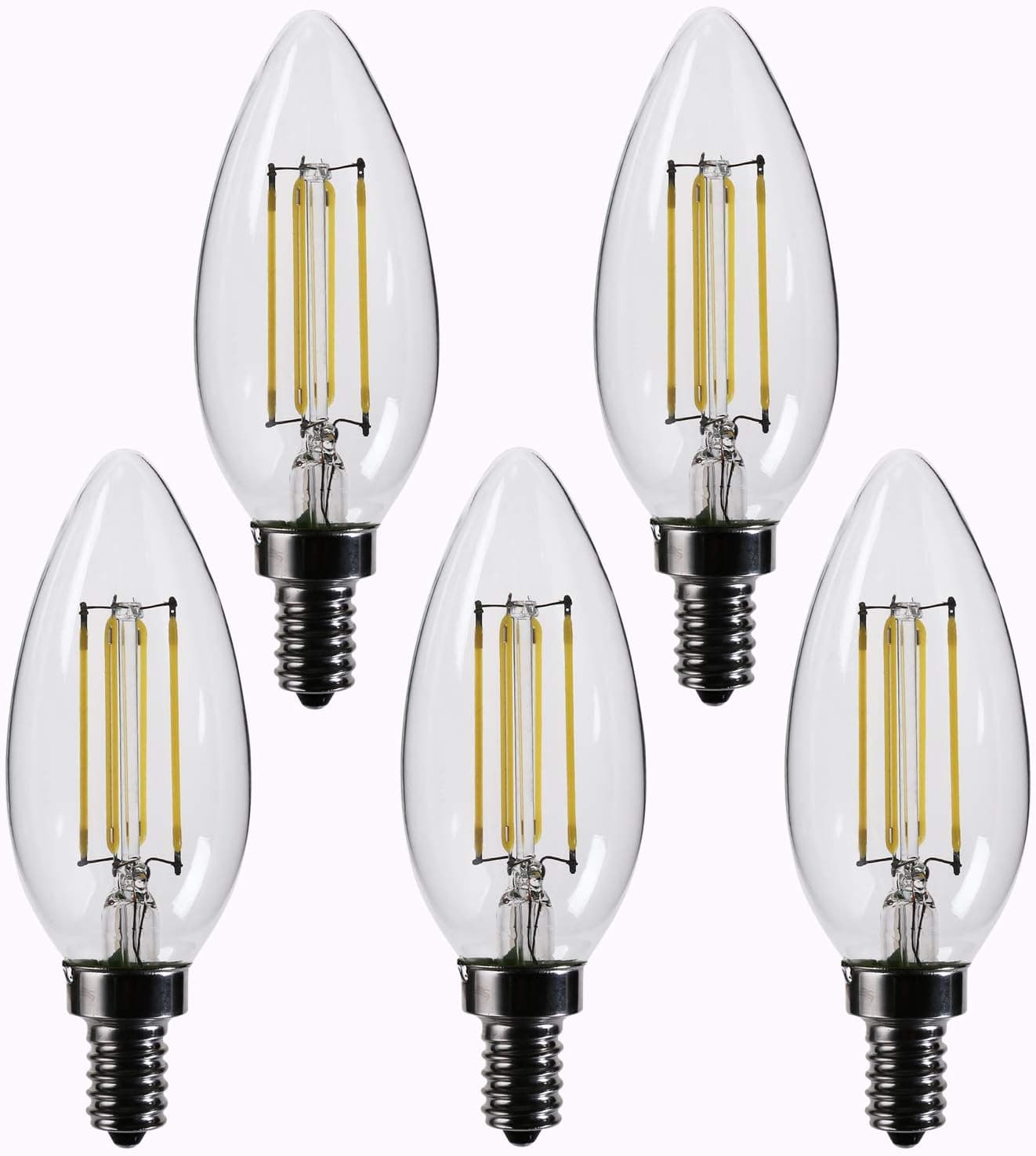 FLILED B11 5.5W E12 Base 60W Dimmable Clear LED Filament Candle Bulbs, 5.5W (5000K, 5 Pack)