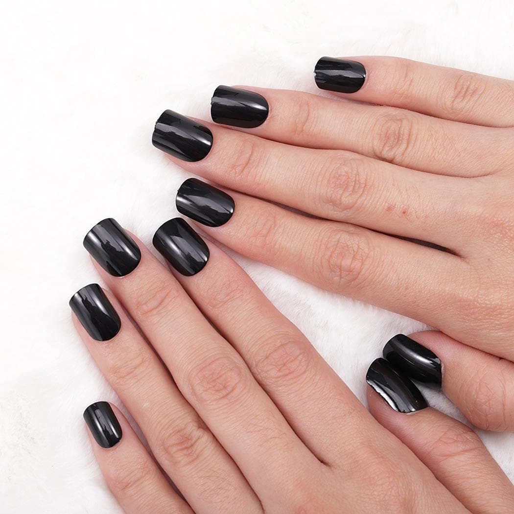 Bomine Black Press on Nails Short Square Glossy Fake False Nails Acrylic Tips Sharp Full Cover Nails Design Stick on Nails Length Pure Solid Faux Nail Party for Women and Girls 24Pcs (ZJ-145-Black)