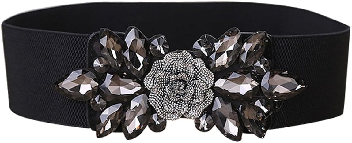 E-Clover Fashion Floral Rhinestone Buckle Women's Elastic Waist Cinch Belt for Dress for Waist Size 25''-32''