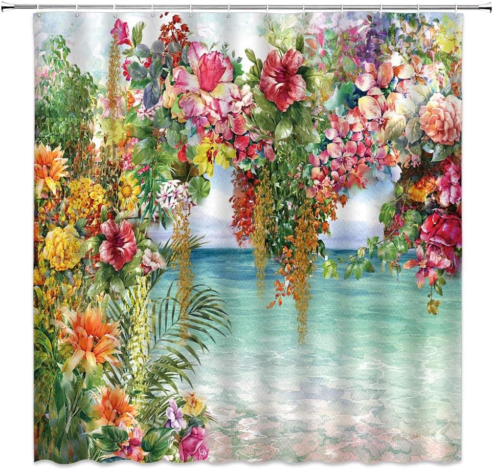 Jingjiji Hawaii Shower Curtain Tropical Style ，Summer Ocean Beach Watercolor Hibiscus Frangipani Exotic Plants Flower Blooming Colorful Design ， Green Palm Leaf Bathroom Decor (Colorful, 90 X 71 Inch)