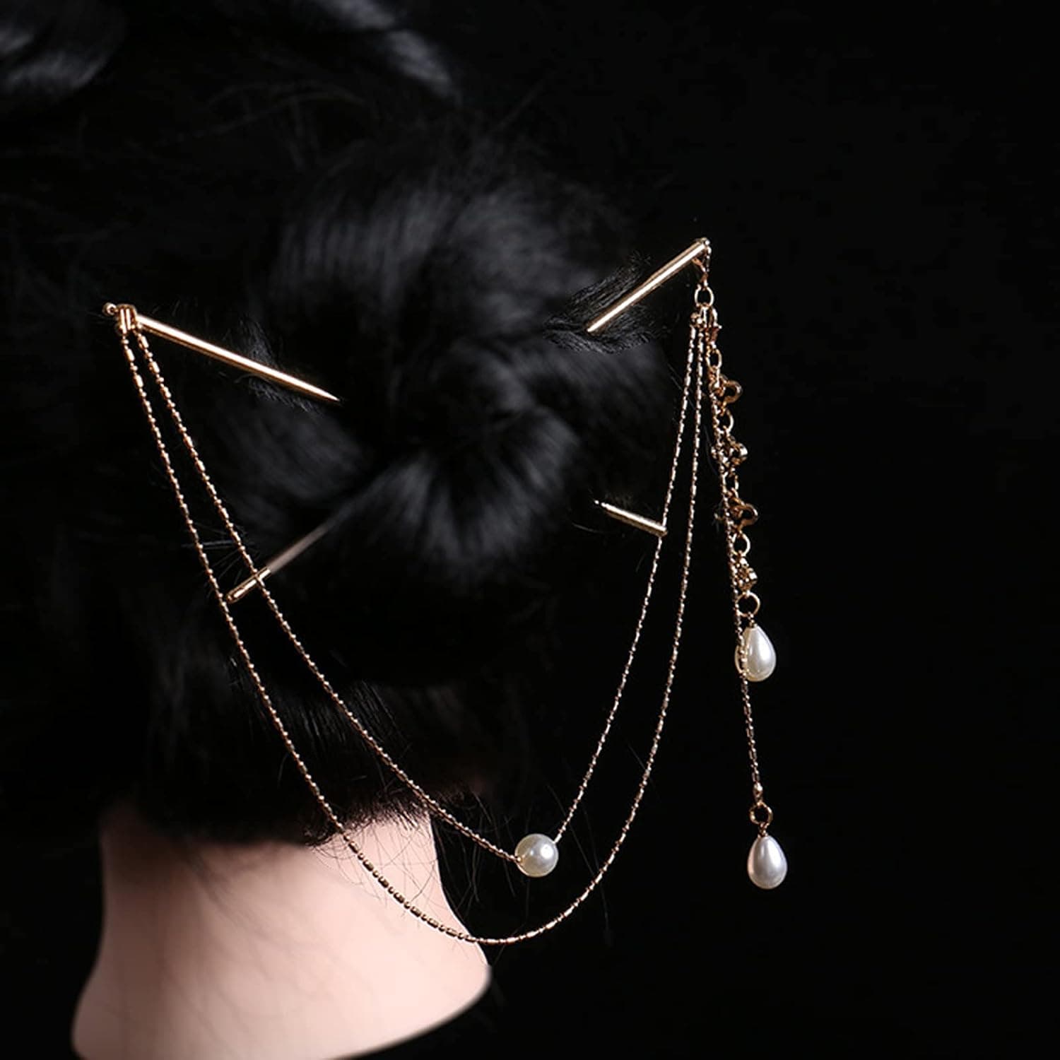 Chinese Hair Sticks with Tassel, Double Chain Hair Pin Vintage Tassel Hair Chopsticks Hanfu Chignon Hair Styling Accessories#1