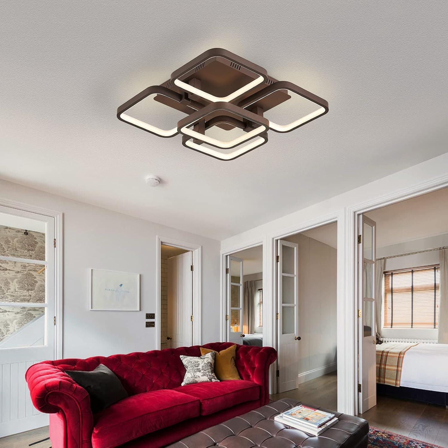 Leniure 5-Light Coffee Square LED Light Ceiling Lamp Contemporary Chandelier Lighting Fixture 18" Wide 18" Deep 6" High, Warm White 3000K