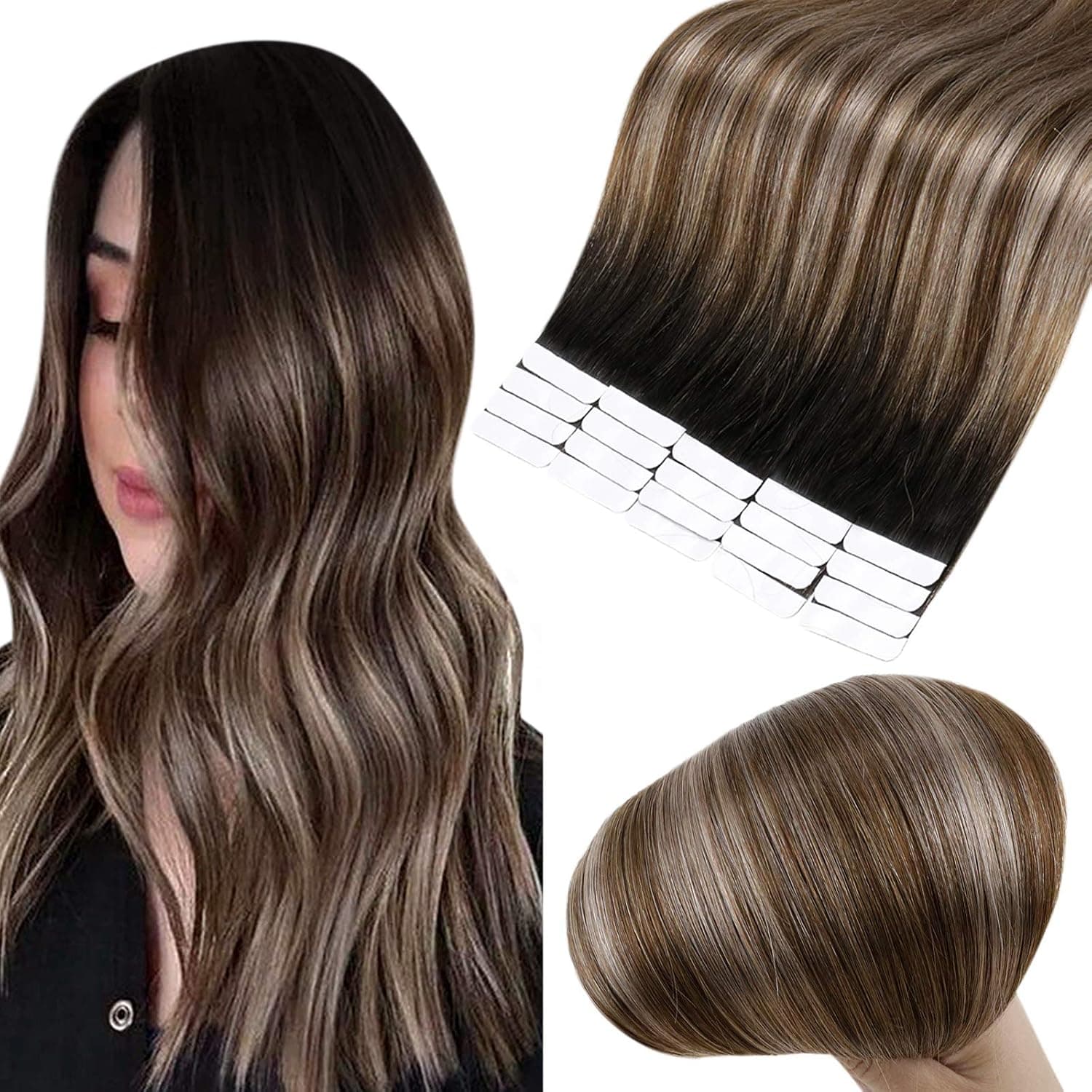 Full Shine Real Hair Tape in Extensions Remy Human Hair 14Inch Balayage Tape in Hair Extensions Off Black Fading to Dark Brown and Ash Blonde 50 Gram 20 Pieces Double Sided Extension Tape Glue in