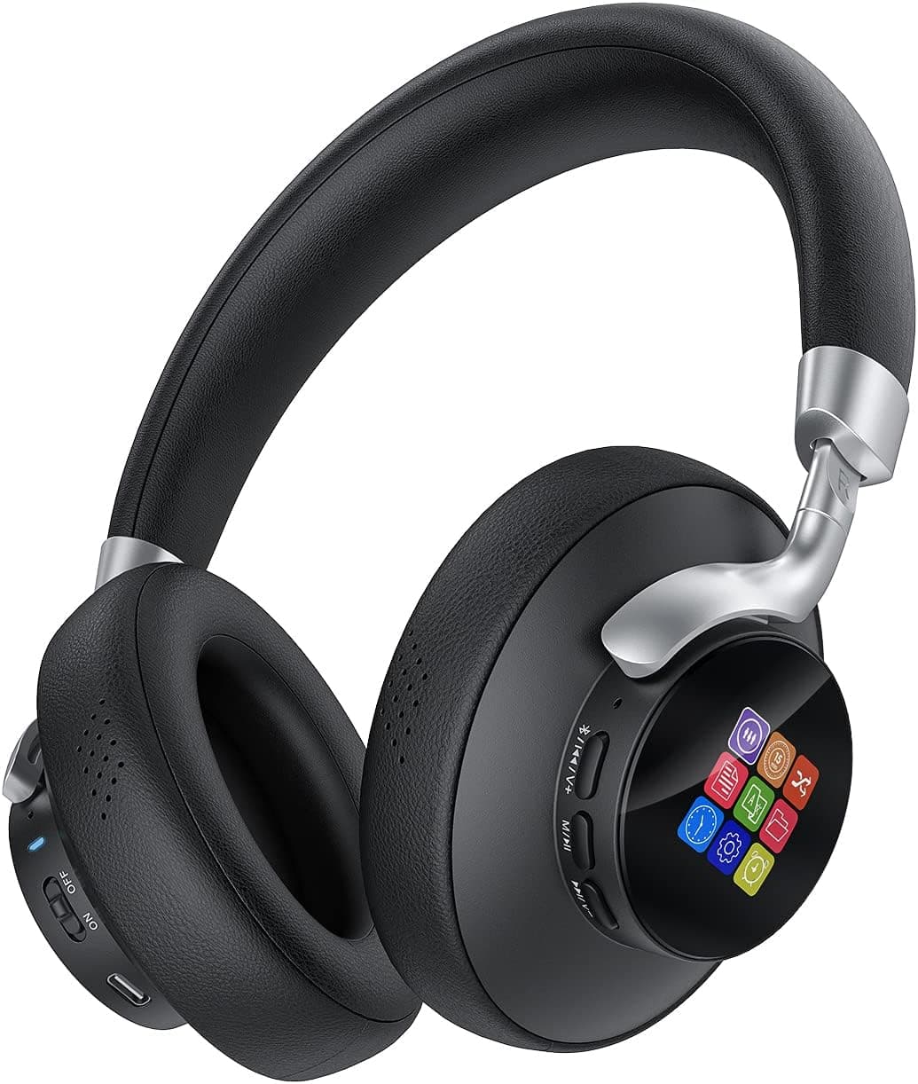 NUKied Wireless Bluetooth Headphones with Dual LCD Screen, Over Ear Headphones with Microphone, Deep Bass, 5EQ Modes, Built-in 8G Memory MP3 Player, HiFi Stereo Sound for Home/Work/Travel- Black
