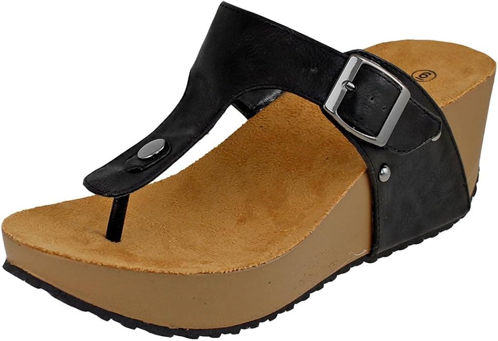 Cambridge Select Women's Slip-On Thong Platform Wedge Slide Sandal (8.5 B(M) US, Black)