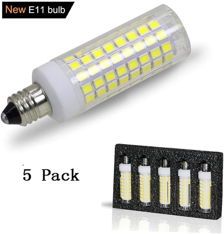 [5-Pack] E11 LED, All-New (102LEDs) E11 Led Bulbs, 8W 75W-100W Equivalent, 850 LM, Daylight 6000K, Dimmable,E11 Mini Candelabra Base, JD T3/T4 360 Degree Beam Angle for Indoor Decorative Lighting.