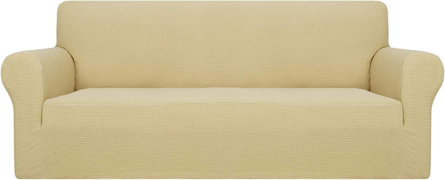 AUJOY Couch Cover Stretch 1-Piece Sofa Slipcover for 3 Cushion Couch Jacquard Spandex Fabric Furniture Protector with Anti-Slip Foams (Sofa, Beige) 1