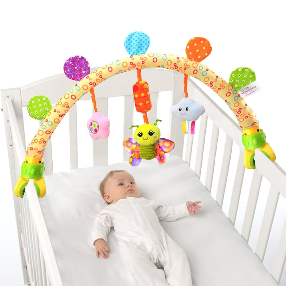 Adjustable Baby Travel Play Arch, Cute Activity Animal Arch Mobile Toys for Bassinet Crib Stroller Pram Car Seat Mobiles with Rattles Wind Chimes BB Squeaker (Yellow)