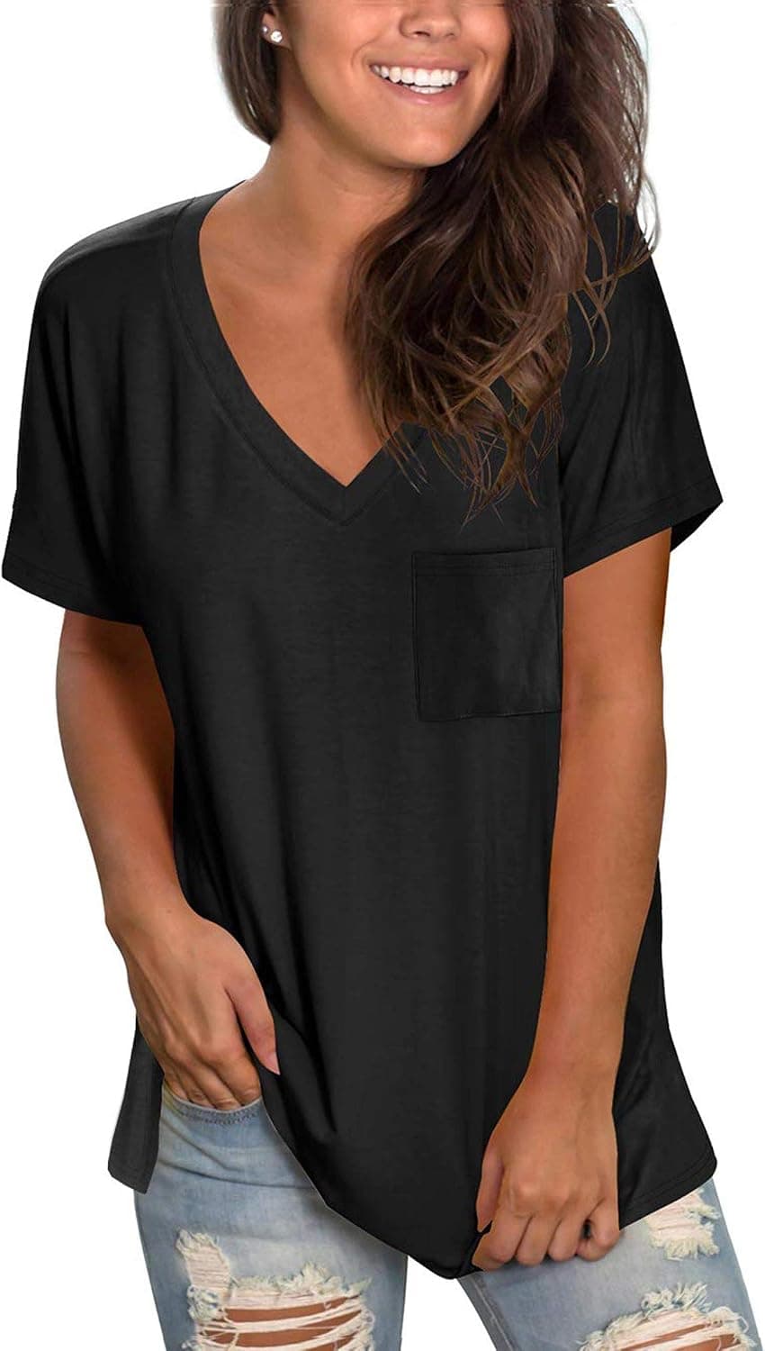TODOLOR Womens T Shirts Short Sleeve V Neck Loose Summer Tees Basic Tunic Tops with Pocket