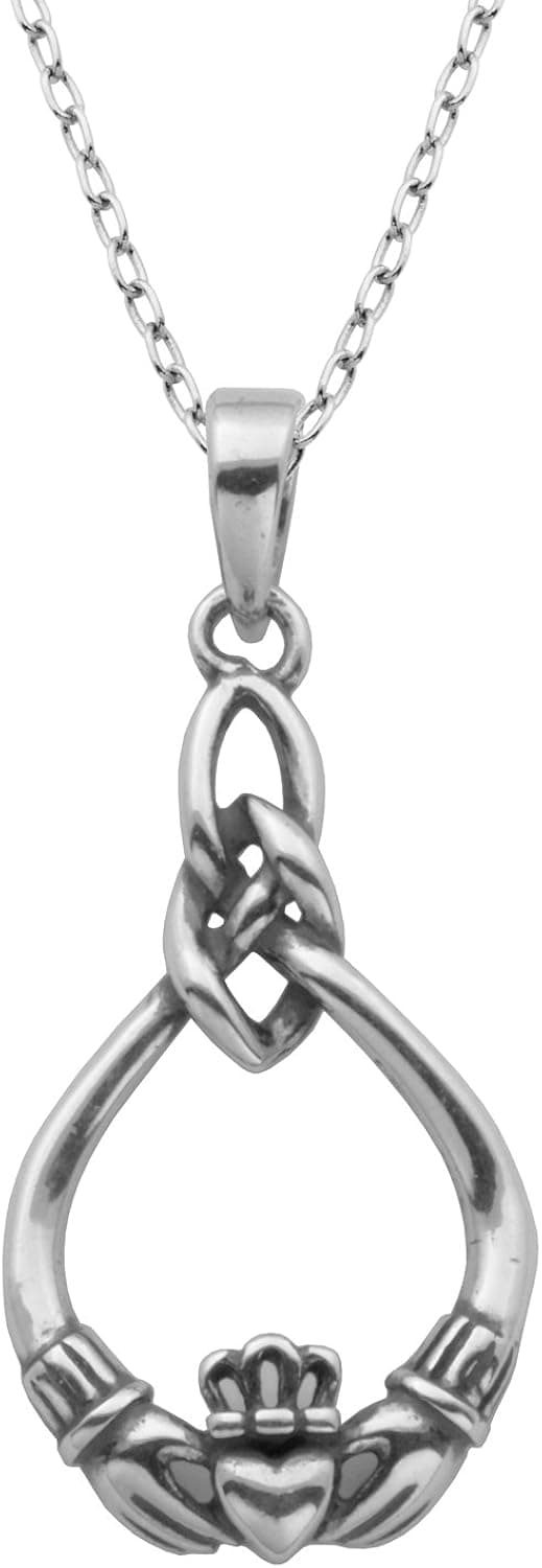 Oxidized 925 Sterling Silver Celtic Claddagh Crown, Cross or Celtic Knot Pendant Necklace, 18"