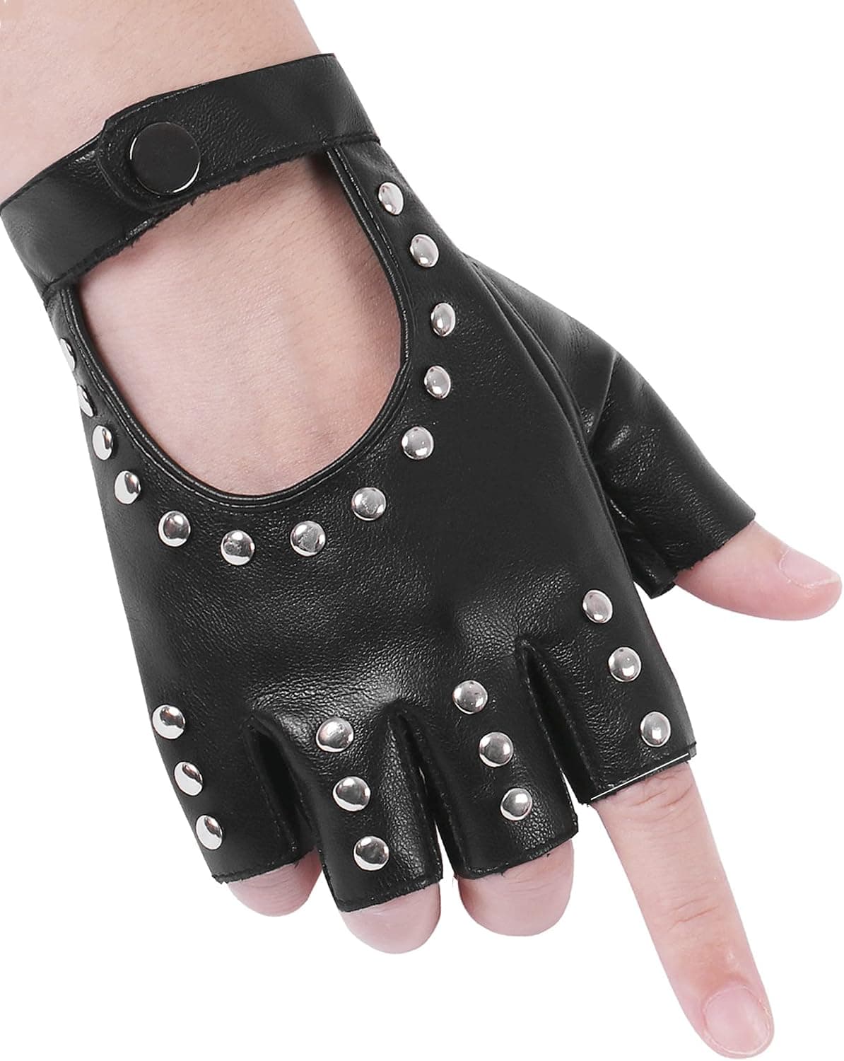 FLORVIV Black Fingerless Gloves PU Faux Leather Goth Cosplay Costume Punk Halloween Performance for Women Girls