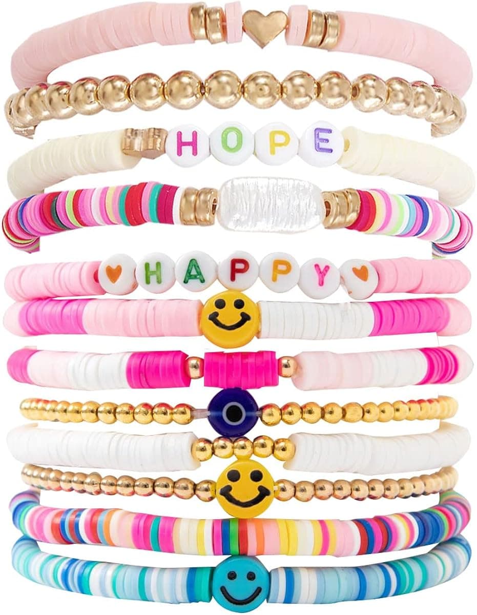 CHEODIN Y2K Bracelet Preppy Heishi Surfer Bracelets for Women Preppy Beaded Bracelet Colorful Smiley Face Clay Stackable Bracelet Boho Disc Bracelets Y2k Beaded Preppy Bracelets for Girls-P
