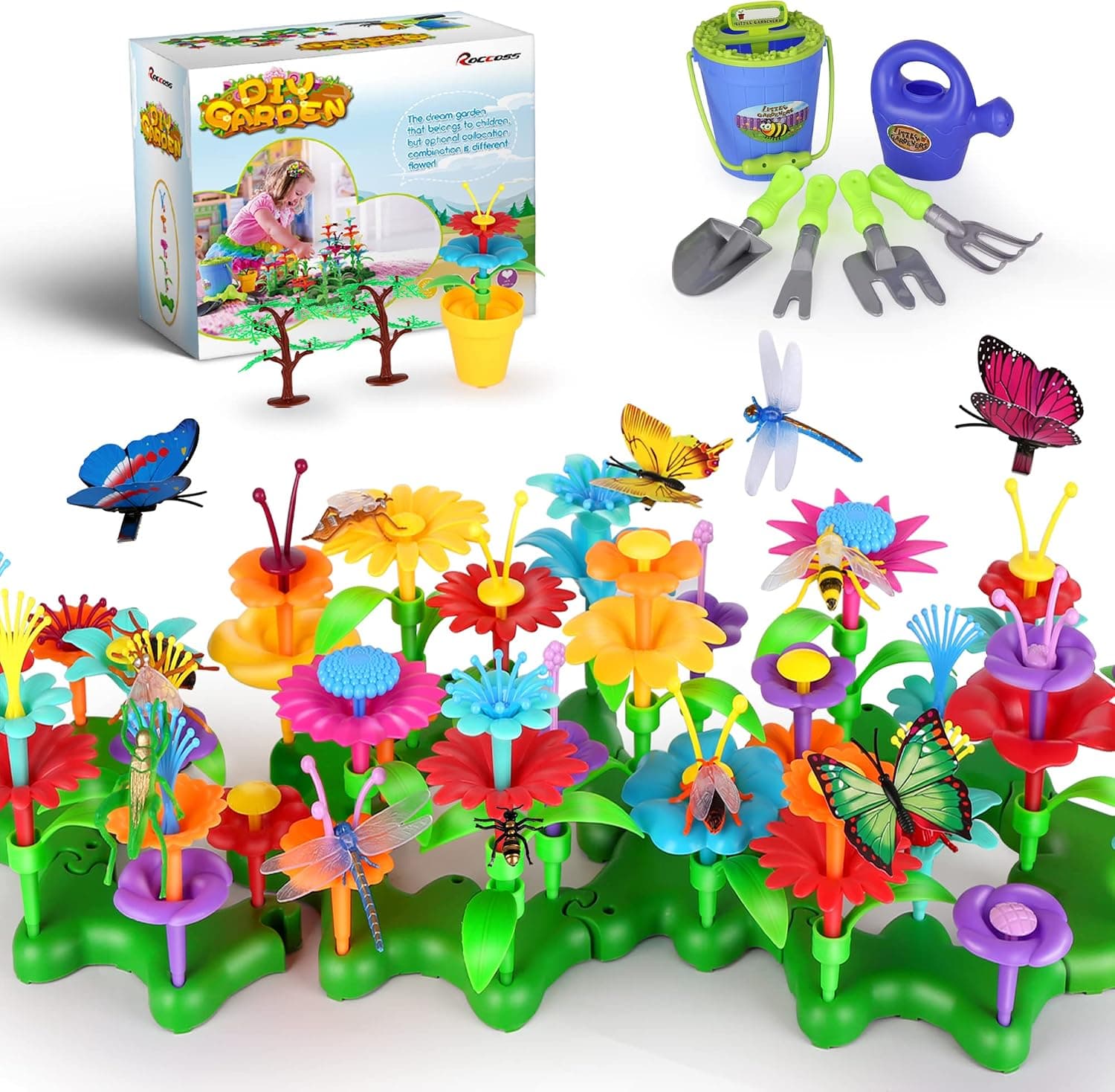 175Pcs STEM Toddler Toys for Girls Age 3-4, Flower Garden Building Toys, Kids Gardening Set, Watering Can, Fake Bugs, Pretend Play Indoor Outdoor Kids Toys for 3 5 6 7 Year Old Girl Boy Birthday Gifts