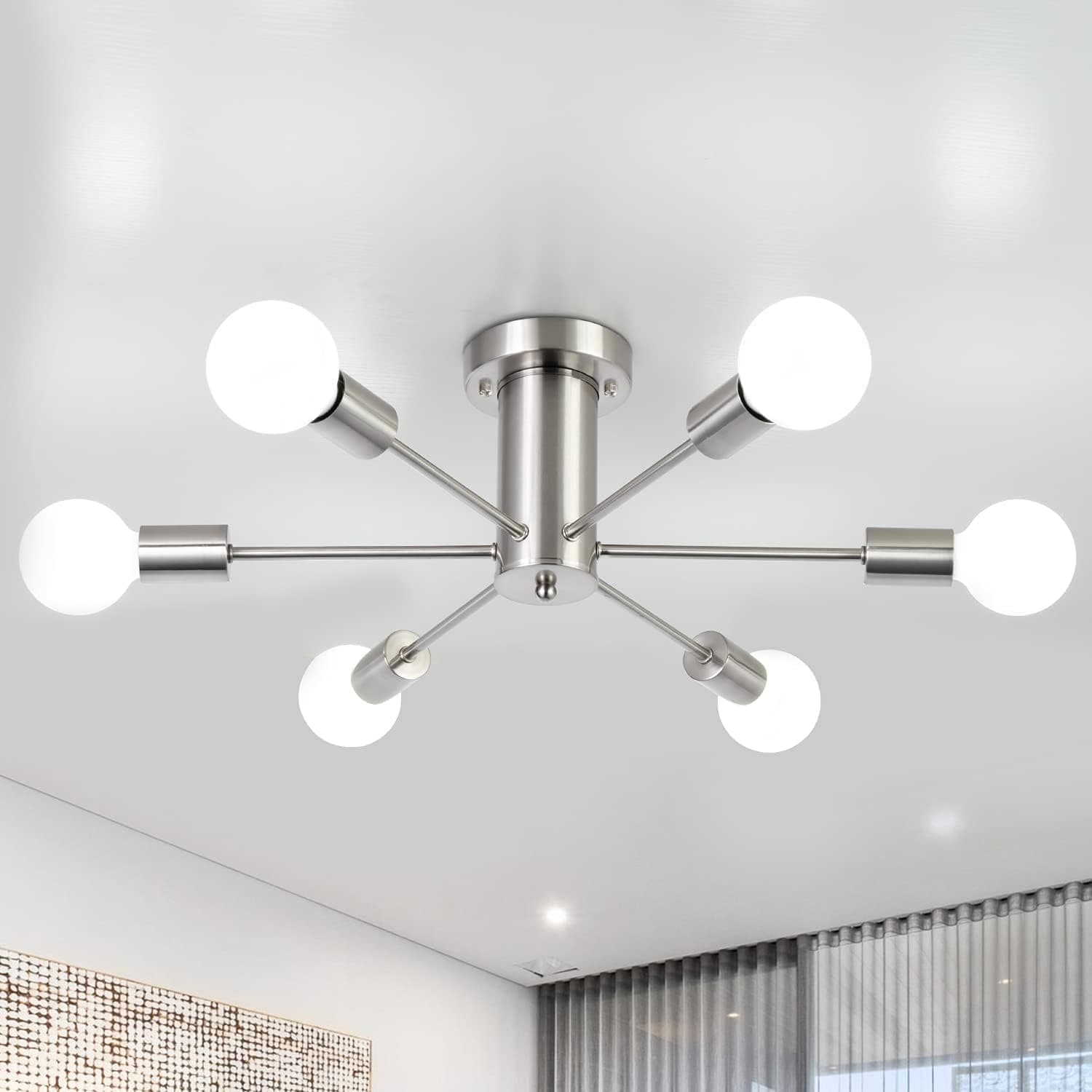 TMMAYSUN Semi Flush Mount Ceiling Light Fixture, 6 Lights Modern Sputnik Chandelier Hanging Pendant Lighting for Living Room Kitchen Dining Room Bedroom Farmhouse Flush Mount Ceiling Lights (Silver)