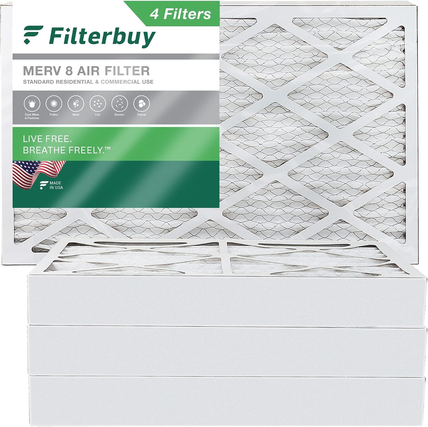 Filterbuy 12x24x4 Air Filter MERV 8 Dust Defense (4-Pack), Pleated HVAC AC Furnace Air Filters Replacement (Actual Size: 11.38 x 23.38 x 3.63 Inches)