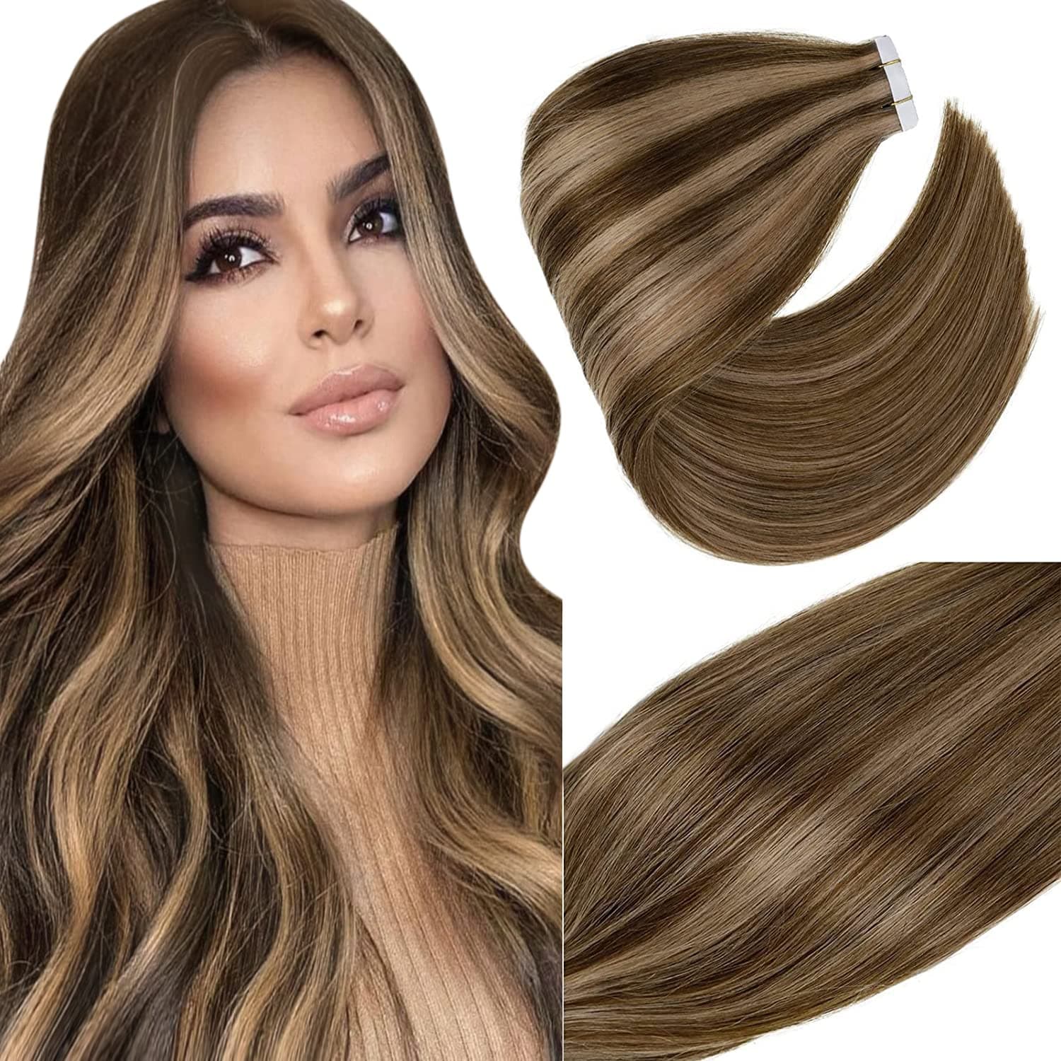 Brown Tape in Human Hair Extensions #4 Dark Brown Mixed #27 Caramel Blonde Highlighted 18 Inch Human Hair Invisible Double Sided Tape on Hair Extensions 20pcs 50g Straight Glue in Real Hair