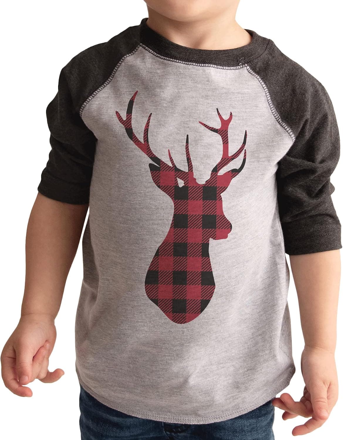 7 ate 9 Apparel Kids Christmas Plaid Deer Raglan Tee Shirt Grey