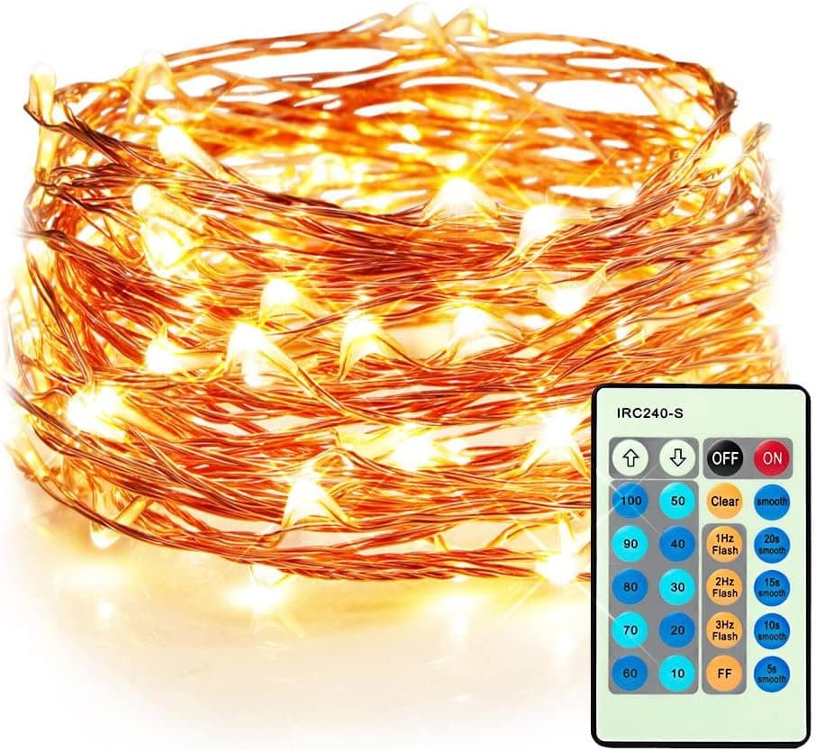 Moobibear Waterproof Fairy String Lights Plug in with 24 Keys Remote, 33ft 100LEDs Warm White Dimmable Starry Copper Wire Light for Indoor & Outdoor Wedding Birthday Valentines Day Decor