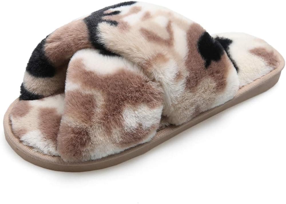 Husmeu Women's Cross Band Fuzzy Slippers Open Toe Comfy Soft Plush Rubber Sole House Shoese Indoor Outdoor Slip on Slipper Camo