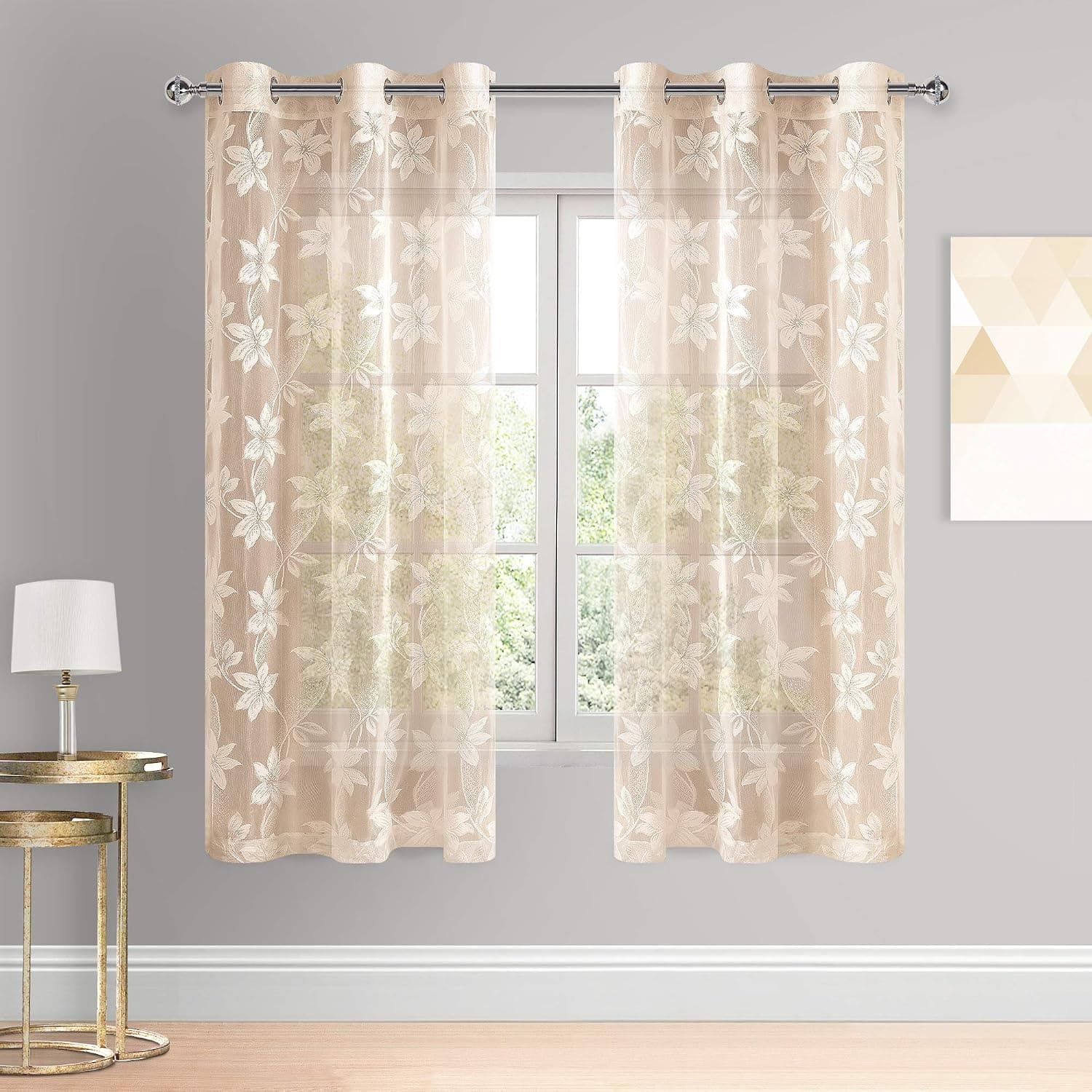 DWCN Floral Lace Sheer Curtains - Grommet Window Voile Sheer Drapes for Bedroom Kitchen Short Curtains 42 x 63 inch Length, Set of 2 Beige Curtain Panels