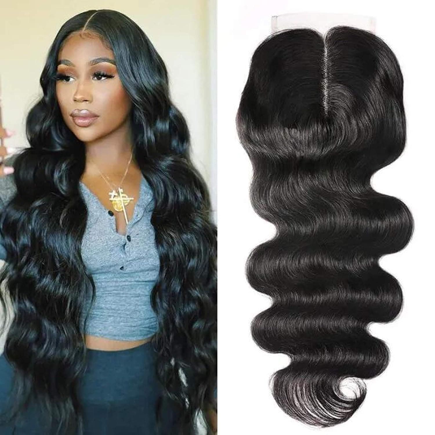 UNice Hair 4X4 Lace Closure T-Part Lace 100% Human Hair Brazilian Body Wave 4X0.75 Hand-Tied Lace Closure Middle Part Unprocessed Remy Hair Natural Color 16inch