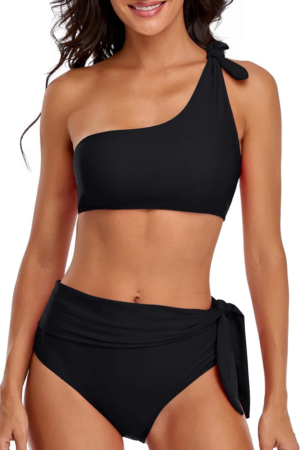 bonim Lace V Neck Two Piece Swimdress with Bikini Bottom Swim Skirt Tankini Bathing Suits Black Large