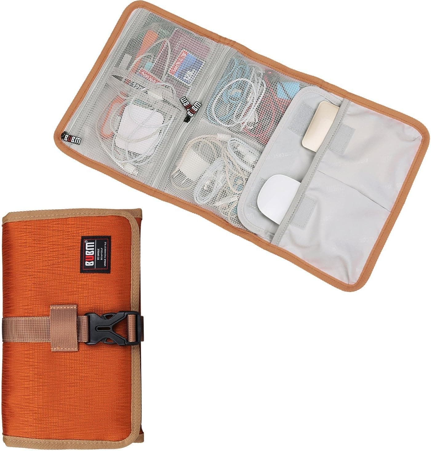 BUBM Roll-Up electronics organizer, travel carry case, Hanging Toiletry Cosmetics Bag, Cable Stable, Wash Bag, Baby Healthcare kit(3Folded,Orange)