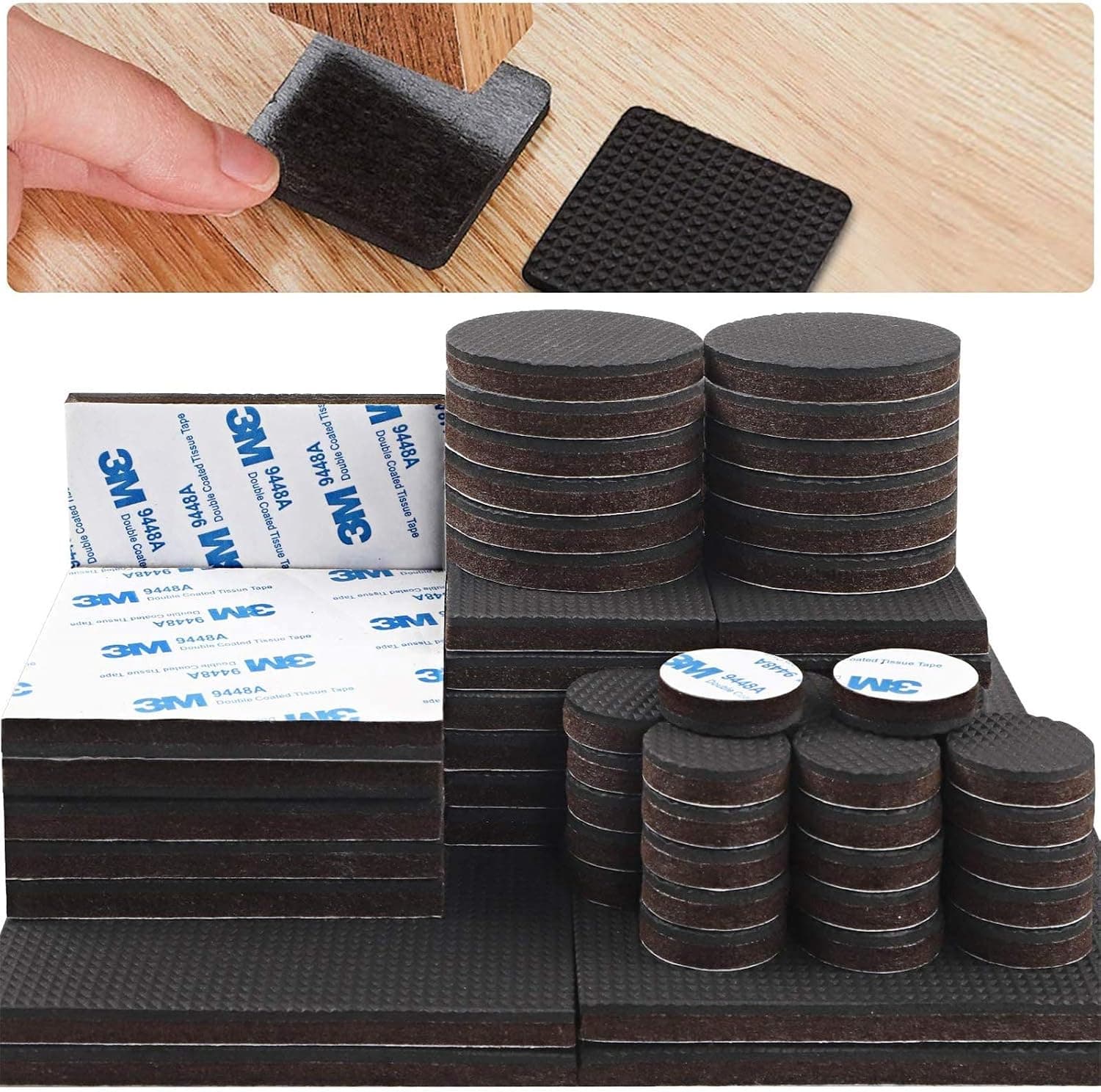 HongWay 64pcs Non Slip Felt Furniture Pads Assortment, Variety Size Furniture Grippers, Anti Skid Self Adhesive Square Rubber Feet, Furniture Wood Floor Protectors for Sofa Bed Chair Legs