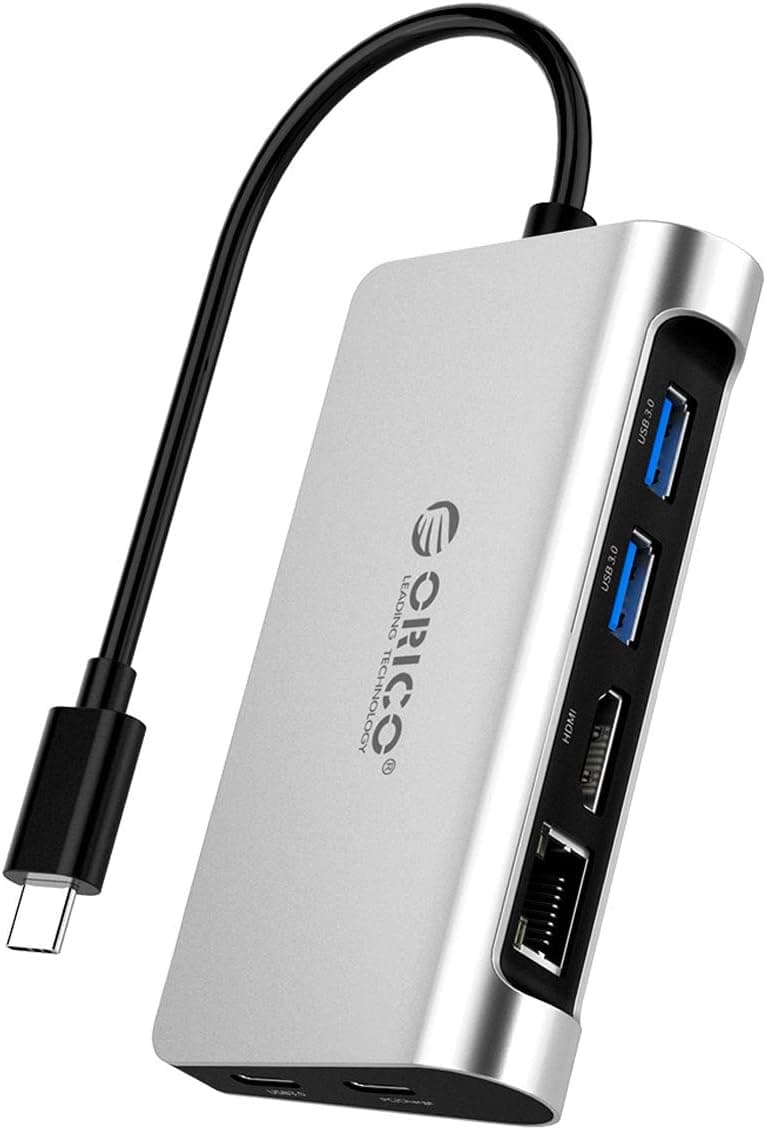 ORICO USB C Hub, 6-in-1 USB C Adapter with 4K HDMI, Power Delivery, Ethernet, 2 USB 3.0 Ports, Type C Port for MacBook Pro/Air, iMac Pro, ChromeBook Pixel and Type C Windows Laptops