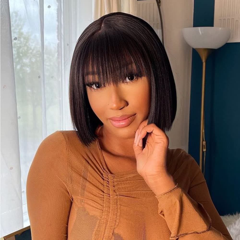 Bob Wig Human Hair Wigs with Bangs 8 inch Bob Wigs for Black Women Human Hair glueless 150% Density Brazilian Short Black Bob Wig Human Hair(1b)