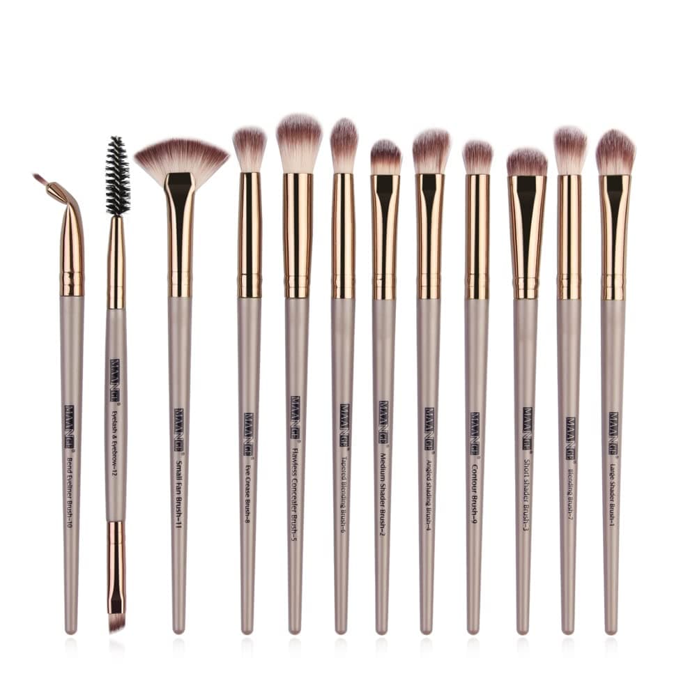 MAANGE Eye Makeup Brush Set, 12pcs Pro Makeup Brushes Eyebrow Eyeshadow Eyeliner Blending Crease Kit, Detailer Shader Definer Eyelash Brush (Champagne)