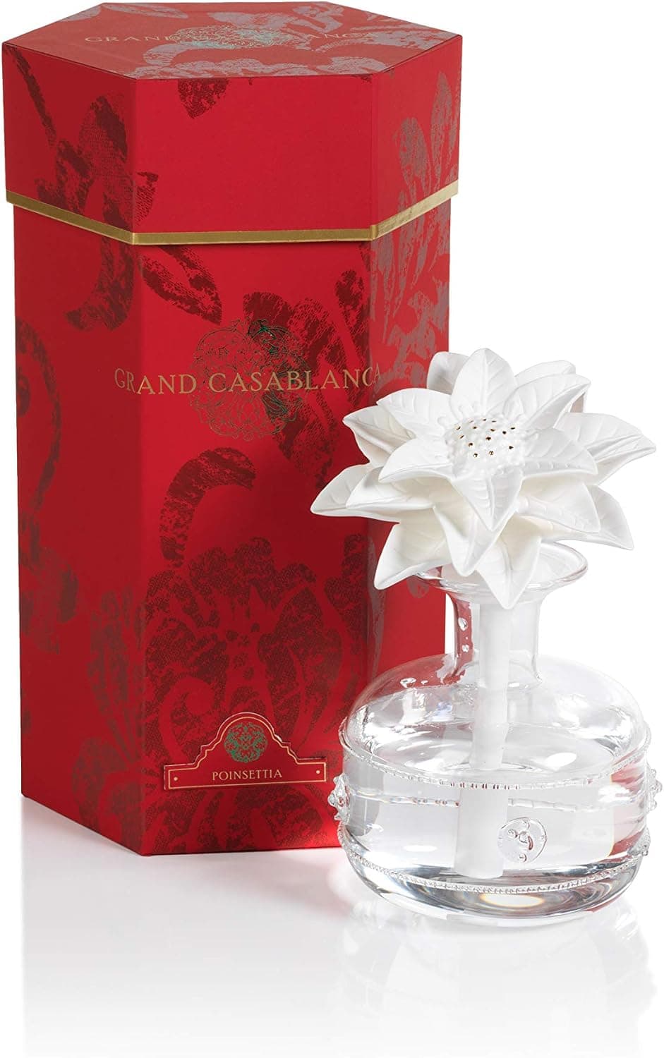 Zodax 10" Tall Grand Casablanca Porcelain, Poinsettia Fragrance Diffuser Oils, 1 EA, Clear, White