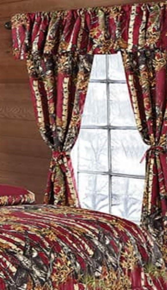 20 Lakes Woodland Hunter Camo Valance, Panels, & Tie Backs Curtain Drape Set Five Pieces (Burgundy)