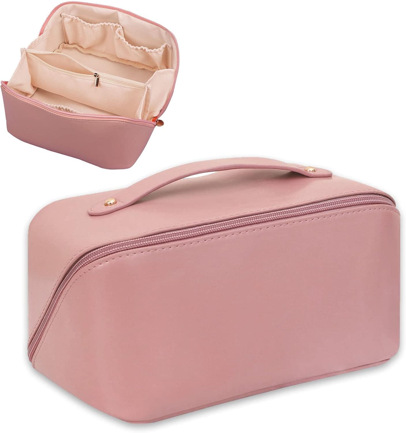 PASNOWFU Large-Capacity Travel Cosmetic Bag, Portable Make Up Bag Opens Flat, PU Leather Double-layered Waterproof Multifunctional Storage Travel Organizer Bag For Skincare Cosmetics Toiletries, Pink