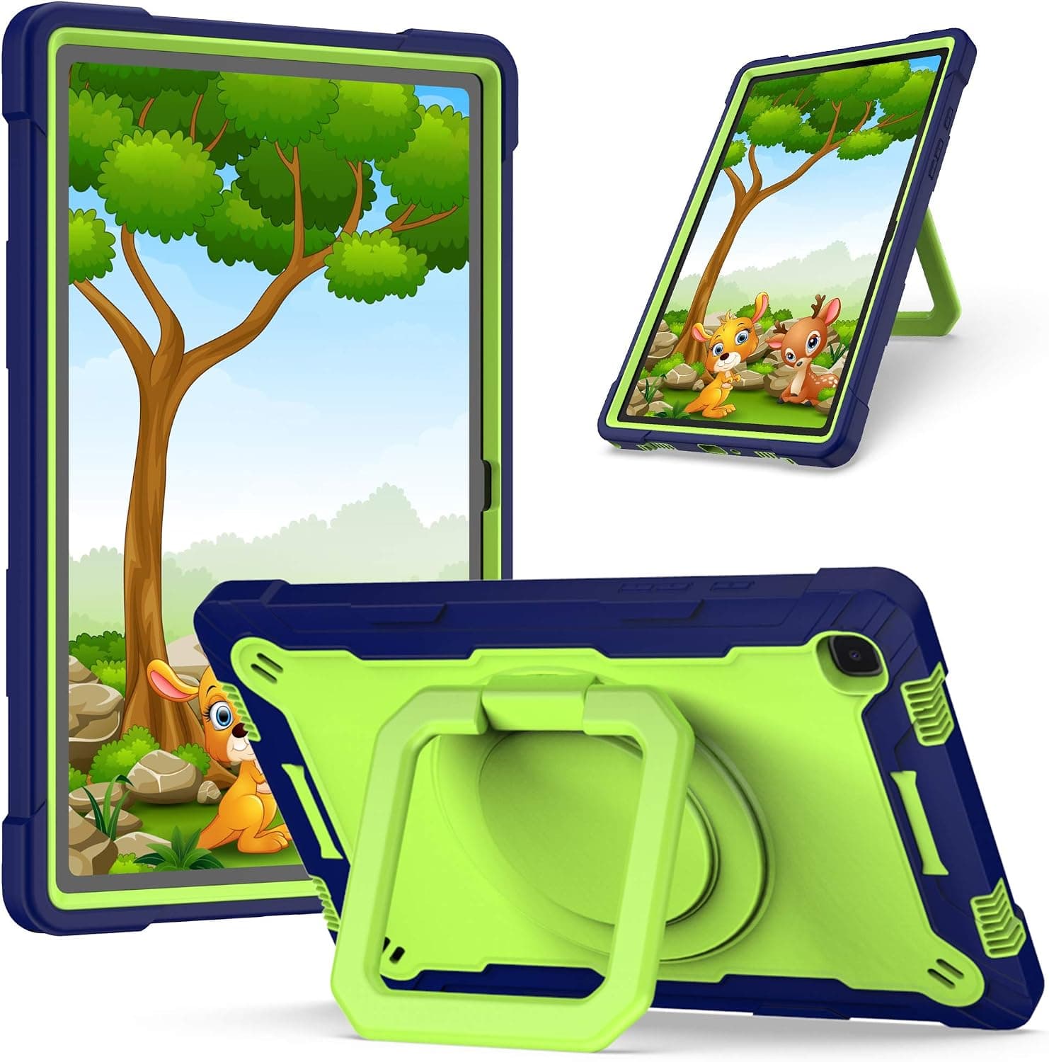 TDA Trading Case for Samsung Galaxy Tab A7 10.4" 2020 (SM-T500/ SM-T503/ SM-T505/ SM-T507) - Hybrid Shockproof 360 Rotating Multi-Functional Ring Stand Case with Shoulder Straps (Navy Blue/Green)