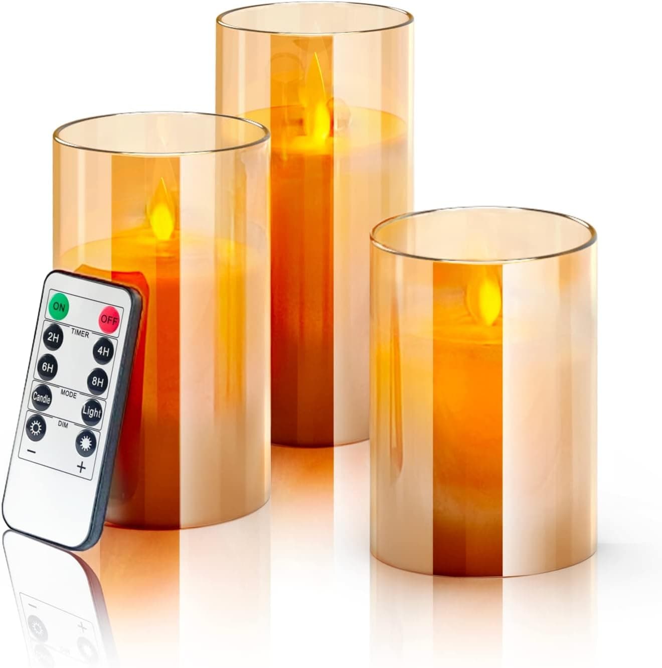 Flickering Flameless Candles, Gold Glass LED Candles Battery Operated Candles with Remote and Timer, Real Wax Pillar Candles Moving Flame Electric Candle, for Festival Gifts Home Candles, Set of 3