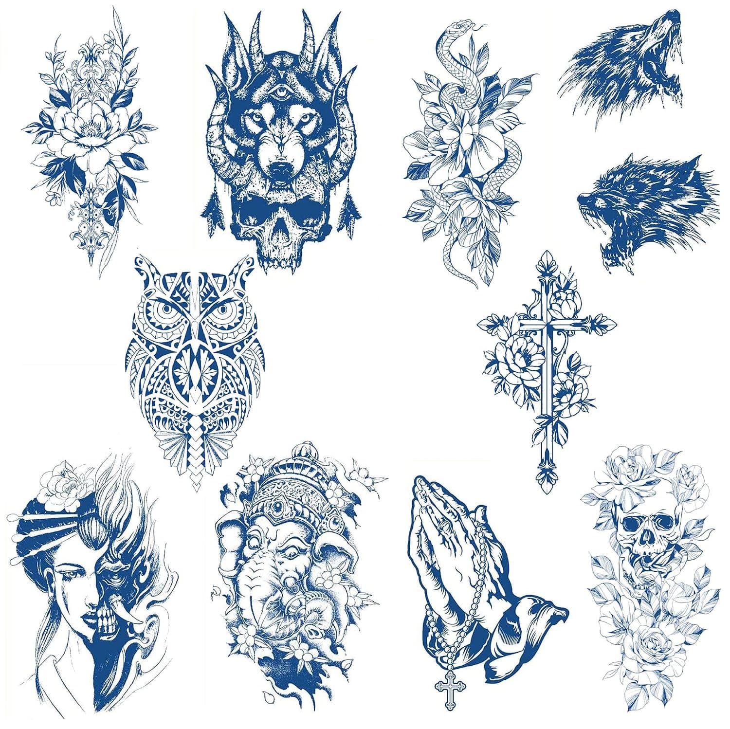 Hoojan Temporary Tattoo(10 Sheets) Semi Permanent Tattoos, Premium Juice Temporary Tattoo Stickers Skullhead Rose Snake Wolf Cross Waterproof Fake Tattoos for Adult Men and Women.
