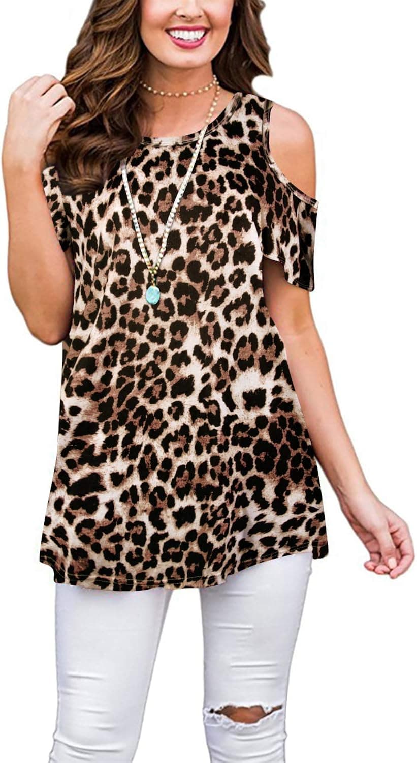 Tanst Sky Womens Cold Shoulder Shirt Round Neck Short Sleeve Summer Tunics Tops
