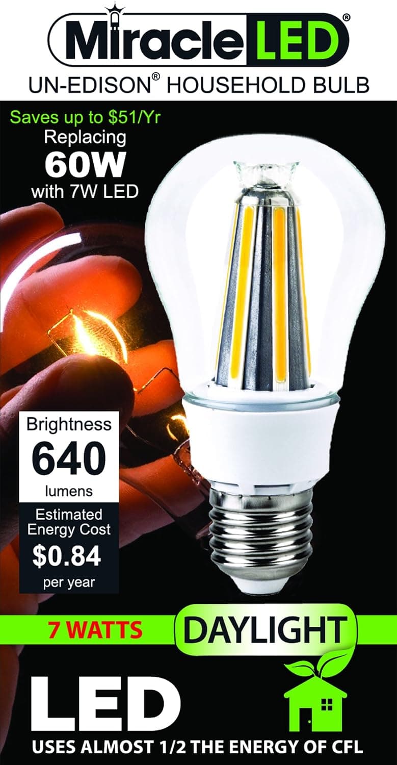 MiracleLED Décor Gorgeous, XTRA Bright 360° Radiance, 7W LED Replace 60W Bulb, A19, Daylight White Light (605051) Un-Edison