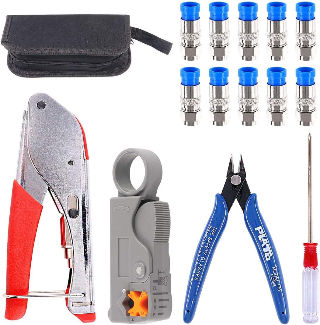 Glarks Coax Cable Crimper Tool Kit, RG6 RG59 Coaxial Compression Crimping Tool Double Blades Cable Stripper and Wire Cable Cutter with 10pcs F Compression Connector for Cable TV Video Audio