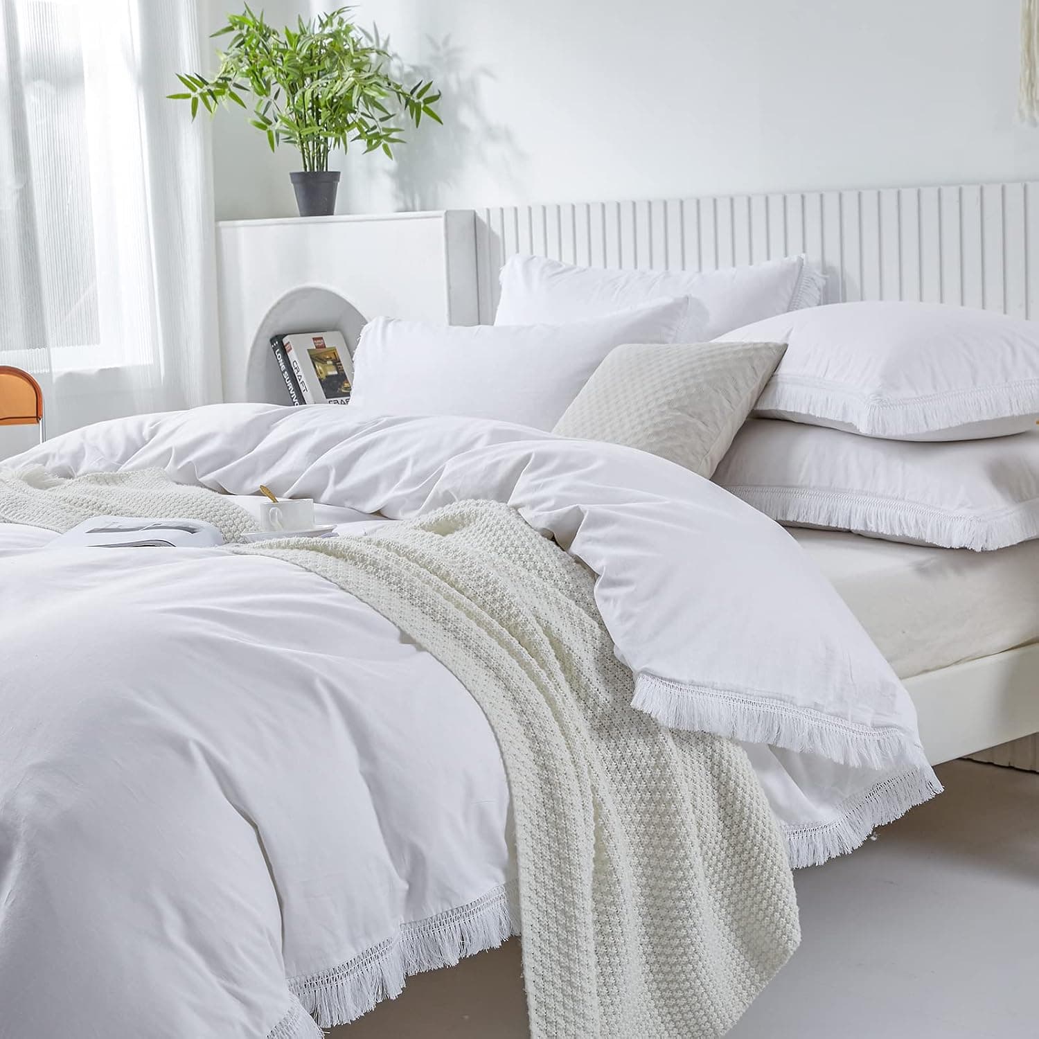 enuullao White Fringe Tassel Duvet Cover Set King Size with Tassel,3 Pieces 100% Washed Cotton Comforter Cover with Zipper Ties,1 Boho White Duver Cover&2 Pillowcases(White,King)