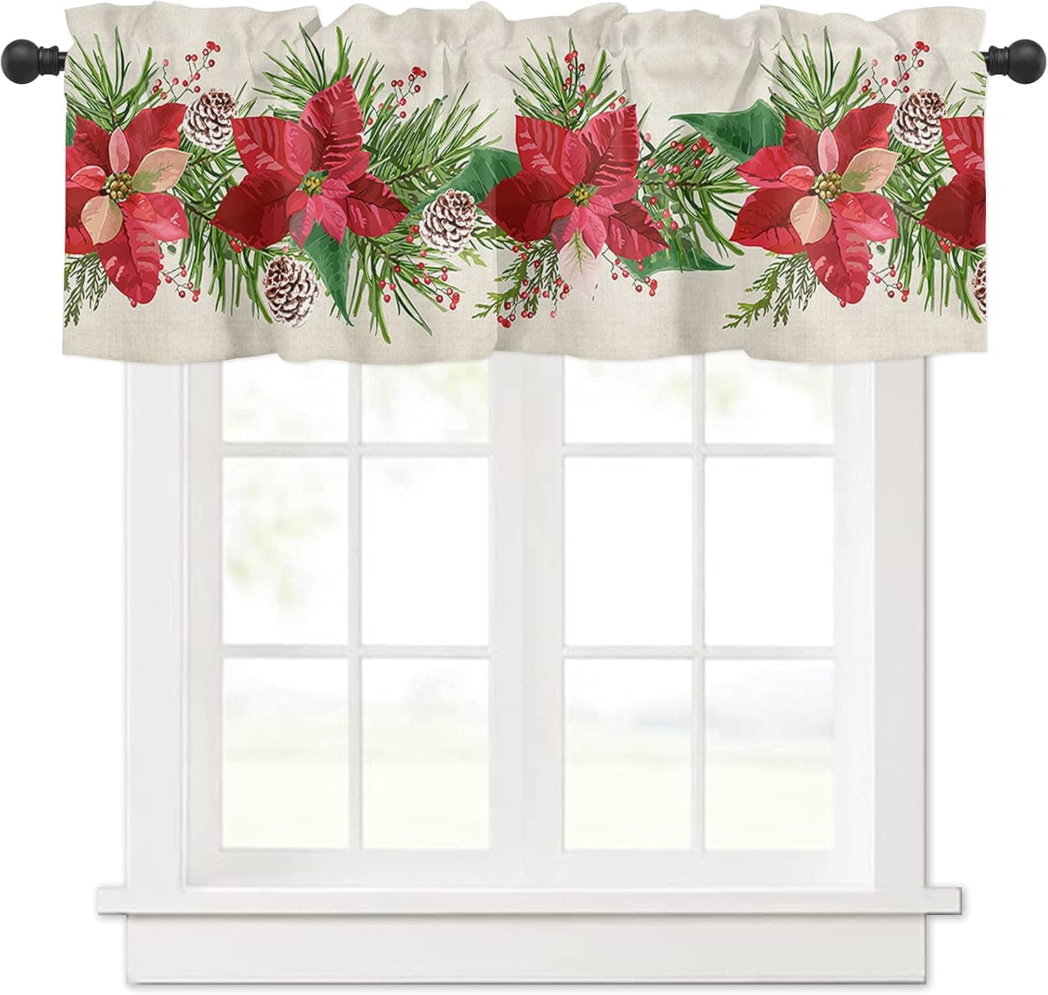 Valance Curtains for Kitchen Windows Merry Christmas Red Poinsettia Window Valances Green Pine Tree Leaves Window Treatment Rod Pocket Valance for Bedroom Bathroom Laundry Room 54x18 inch, 1 Panel