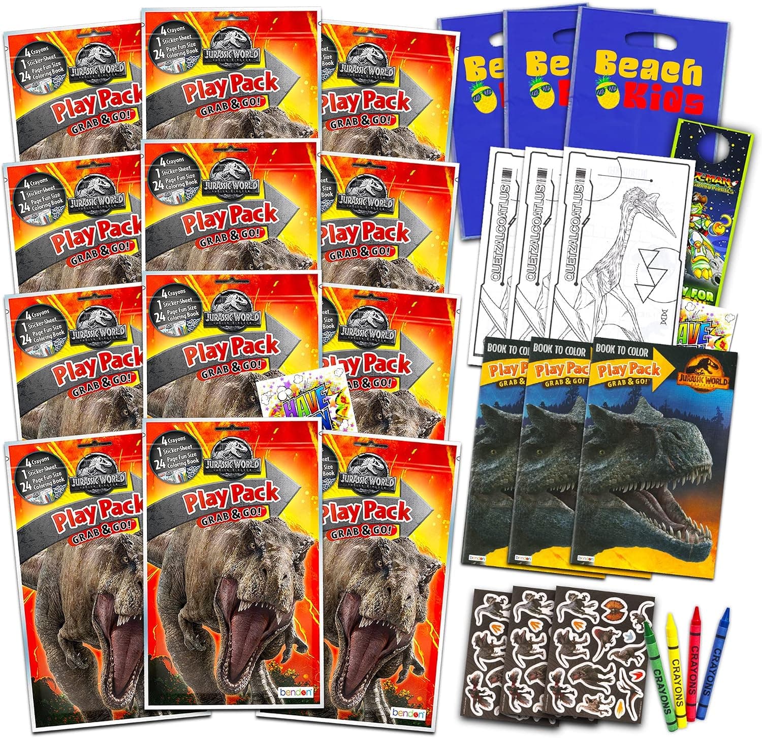 Jurassic World Party Favors Pack ~ Bundle of 12 Jurassic World Play Packs Filled with Stickers, Coloring Books, Crayons with Bonus Loot Bags and More (Jurassic World Party Supplies)