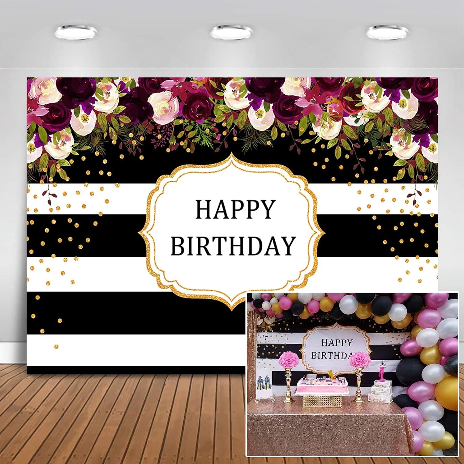 Mehofoto Happy Birthday Backdrop Red Floral Stripes Dots Birthday Photography Background 7x5ft Vinyl Women Birthday Party Banner Backdrops