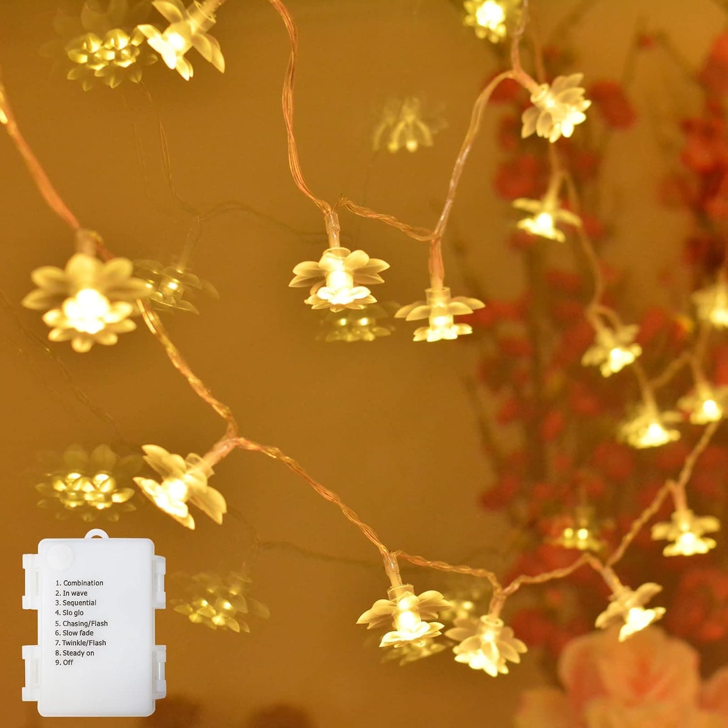 echosari String Lights Battery Operated 13.2ft 40 LED Lotus Flower Fairy Lights with 8 Modes Timer Soft Rubber Flowers Indoor String Lights for Kids, Bedroom, Party, Wedding, Garden Décor (Warm White)